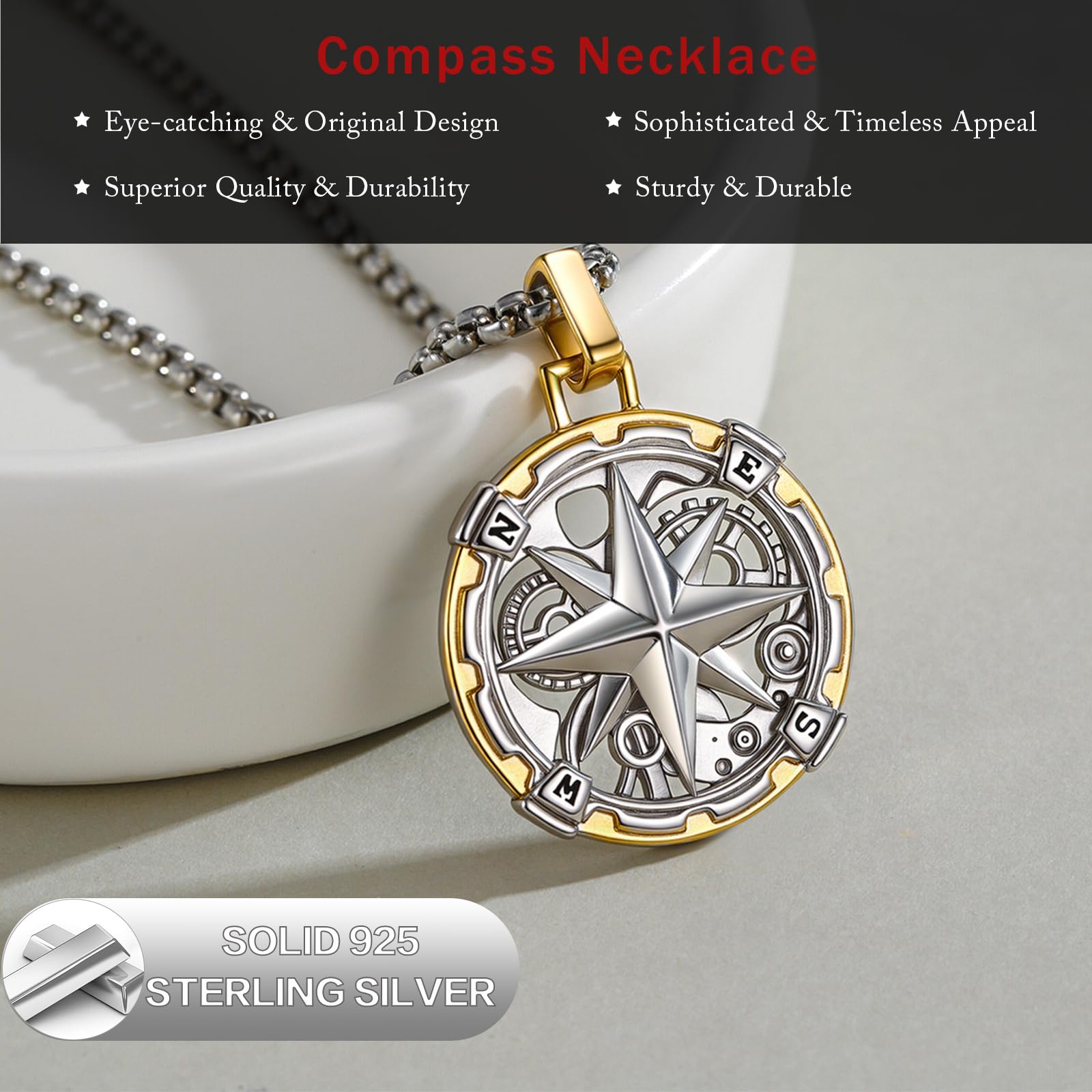 CUOKA MIRACLE Collier boussole en argent sterling 925 - Chaîne celtique pour homme - Pendentif celtique - Pour femme - Petit collier pour la Saint-Valentin, Noël, un anniversaire