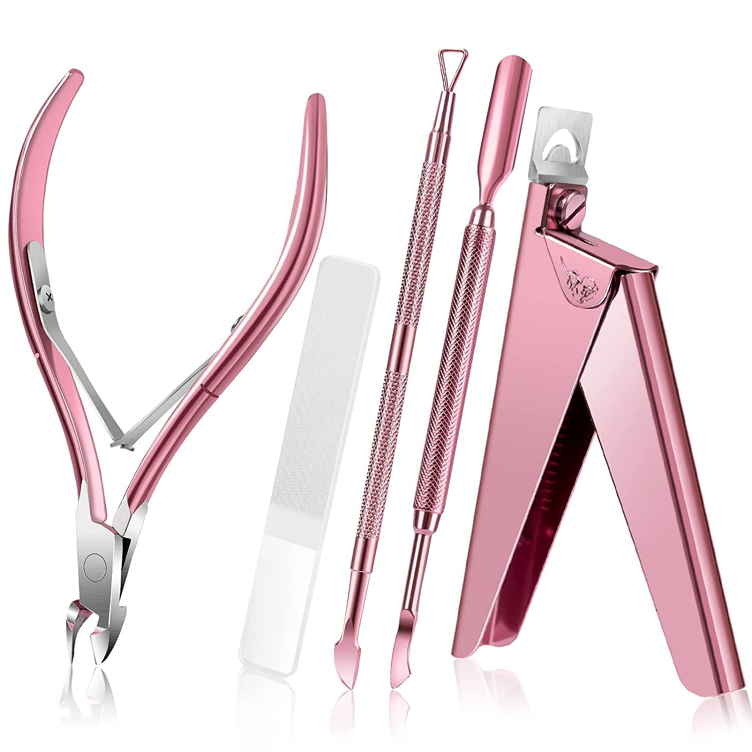Acrylic Nail Clipper Kit with Glass Nail File, Nail Tip Cutter Cuticle Trimmer Nipper and Cuticle Pusher Nail Gel Polish Remover, Stainless Steel Professional Manicure Pedicure (Pink)