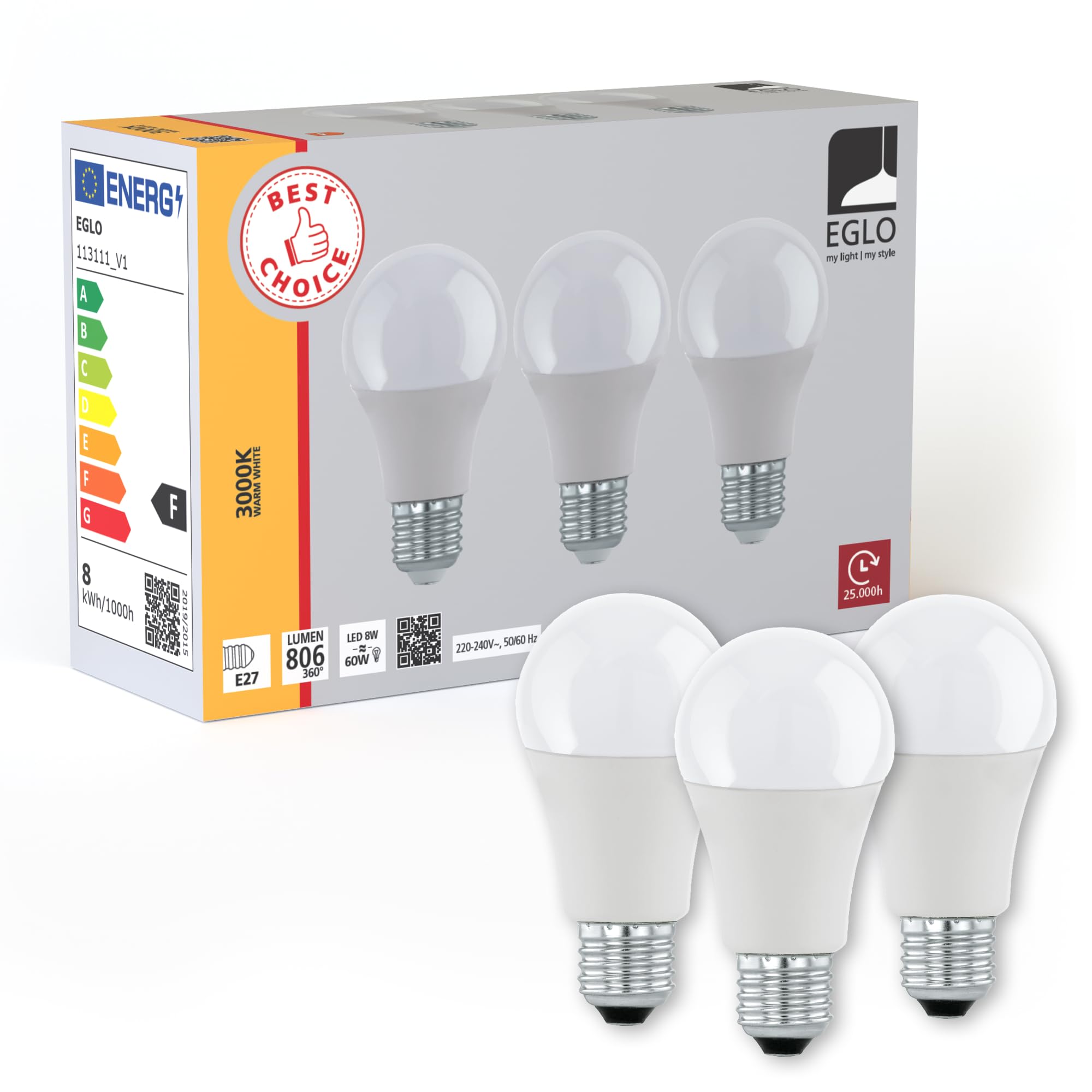 Eglo Set of 3 E14 LED Light Bulbs, Opaque Edison Lamps, Drop-Shape Screw Lightbulb, 4.9 watt Each, Warm White Glow, 3000 Kelvin, Opal White, P45, Ø 1.77"