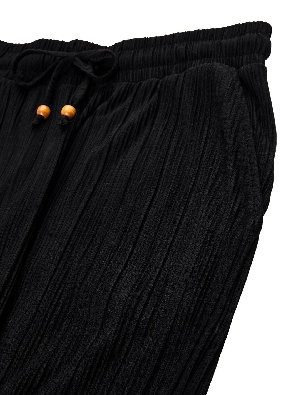 DENIMFY Palazzo DFBrenda Lot de 2 pantalons d'été 3/4 pour femme, taille haute, jambes larges, en tissu, longueur cheville, taille élastique, poches unies, noir, vert, beige, bleu, S, M, L, XL, XXL