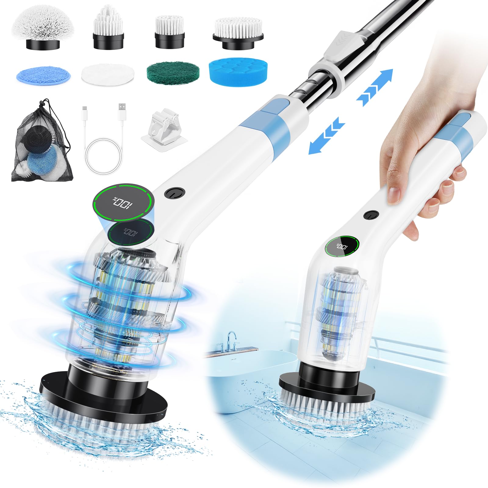 Electric Spin Scrubber Cordless Shower Scrubber with 8 Scrub Brush 2 Speed with Adjustable Extension Handle Battery Level