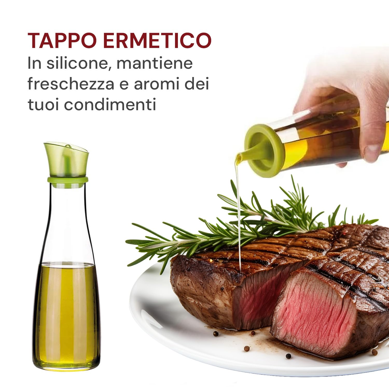 Avilia Set da Tavola Olio e Aceto 250ml - Realizzate in Vetro Robusto - Beccucci Flessibili Antigoccia in Silicone - Tappi Colorati Verde e Bordeaux - Supporto Comodo ed Elegante - Facile da Pulire
