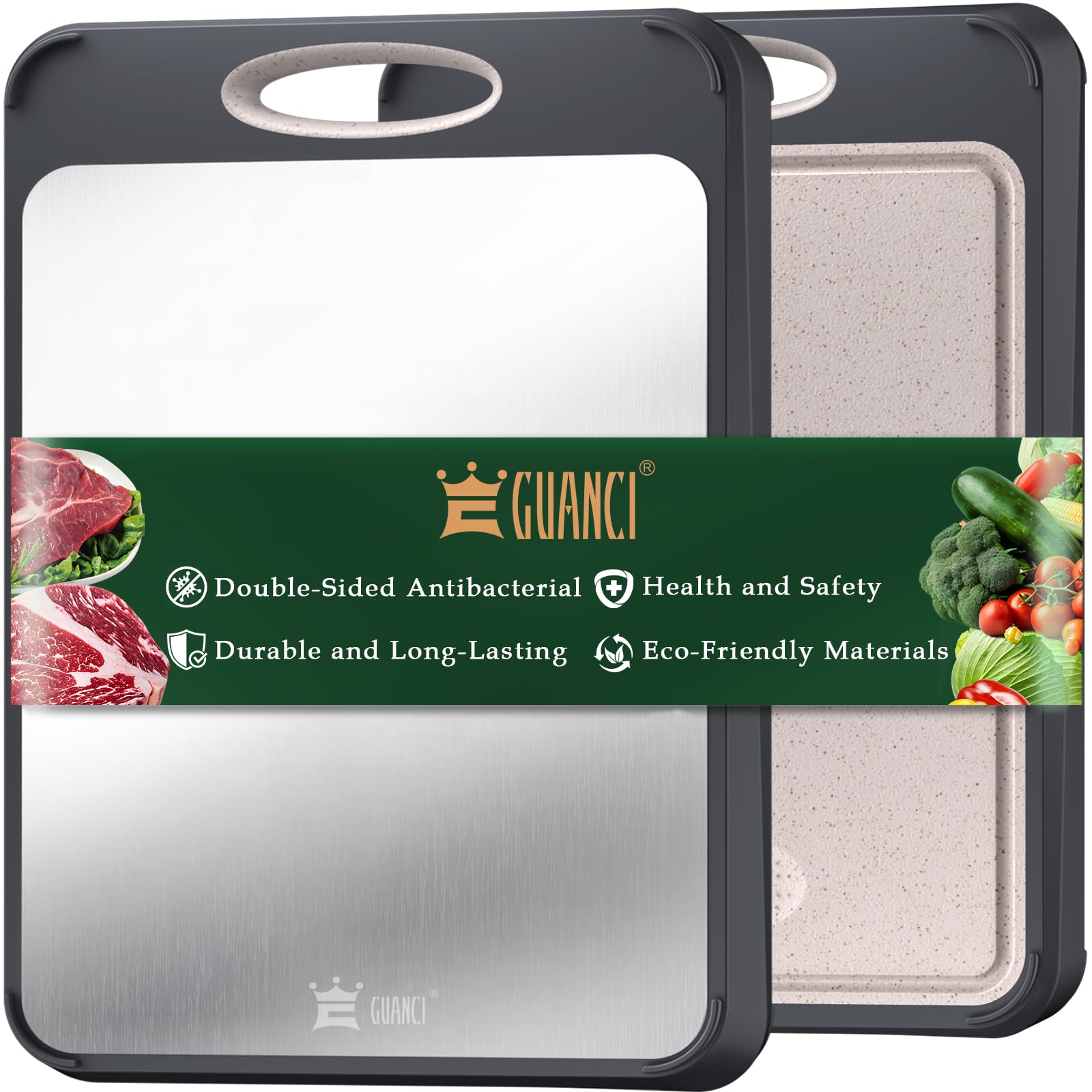 GUANCI Cutting Board for Kitchen, Stainless Steel Cutting Board Double Sided for Chopping Meat/Vegetables, Stainless Steel/Wheat Straw PP, Kitchen Gifts Easy to Clean Large 16”×11”
