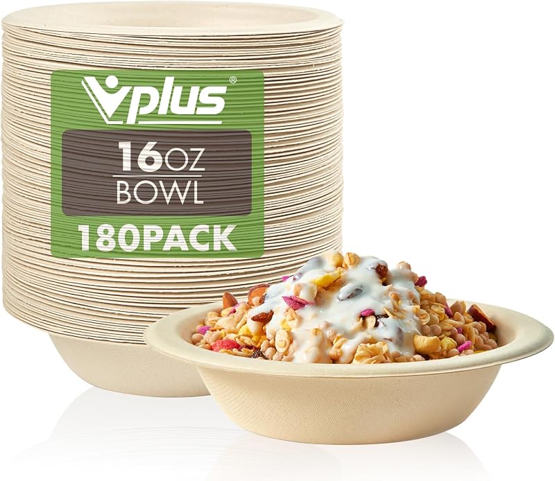 Vplus 200 Pack 16 OZ Compostable Paper Bowls, Bagasse Bowls，Nature | Disposable Compostable Bowls Bulk, Eco-friendly Bagasse Bowls, Heavy-duty Bowls Perfect for Milk Cereals, Snacks, Salads