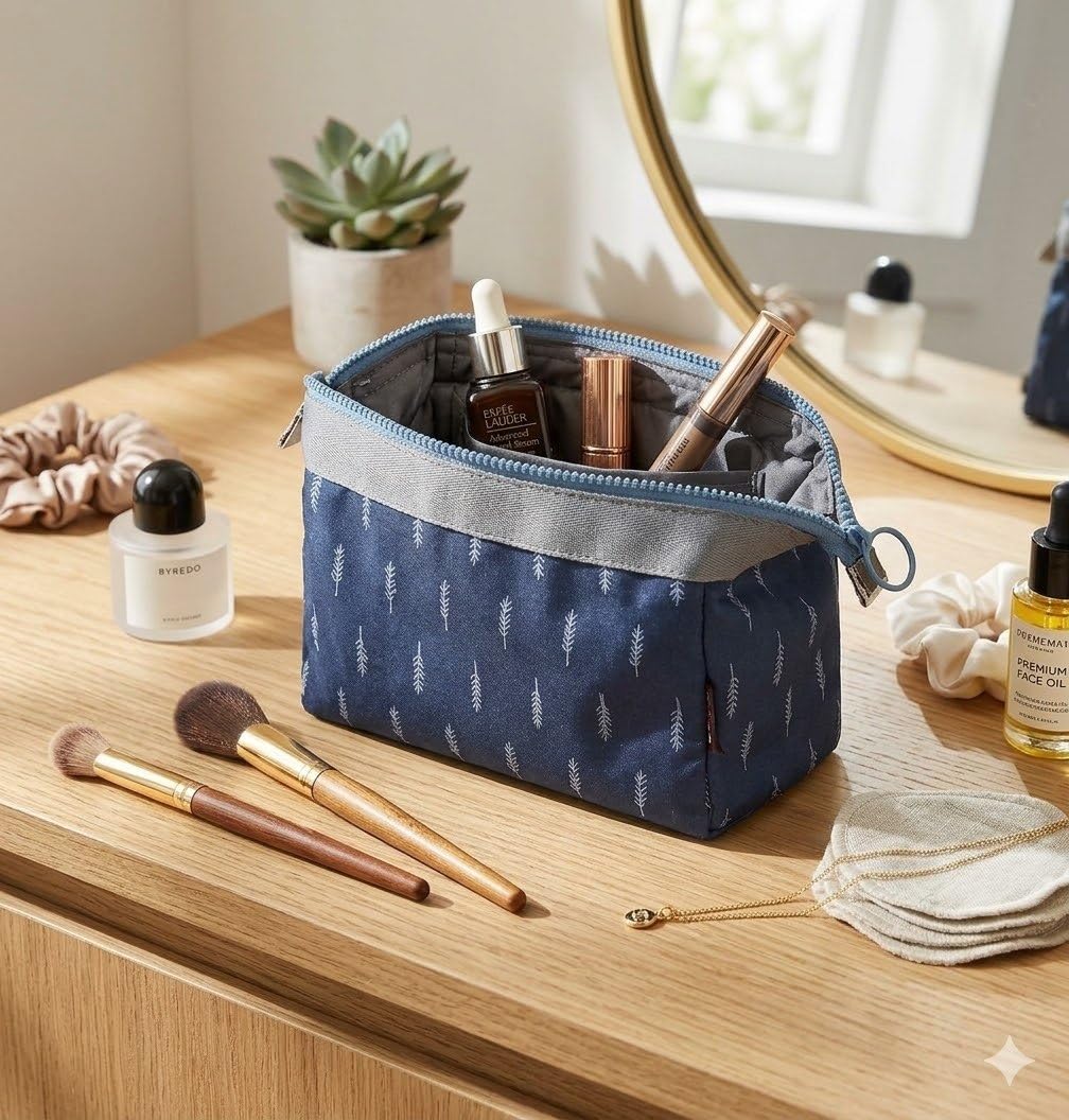 aashrit Naylon Cosmetic Toiletry Makeup Pouch with Portable Travel Multipurpose Water-Resistant Zipper Makeup Brush Bags - Blue Leaf ASCPBF-56-picture-14
