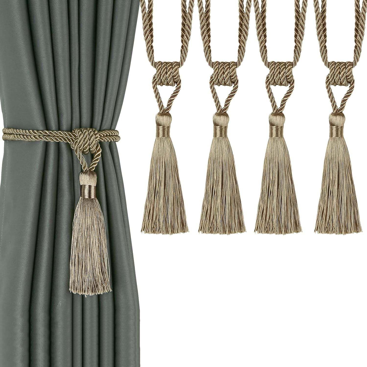 BEL AVENIR Curtain Tiebacks Tassel Tie-Backs, Rope Curtain tie Backs Handmade Curtain Holdbacks Made from Polyester(Flaxen, 4p)