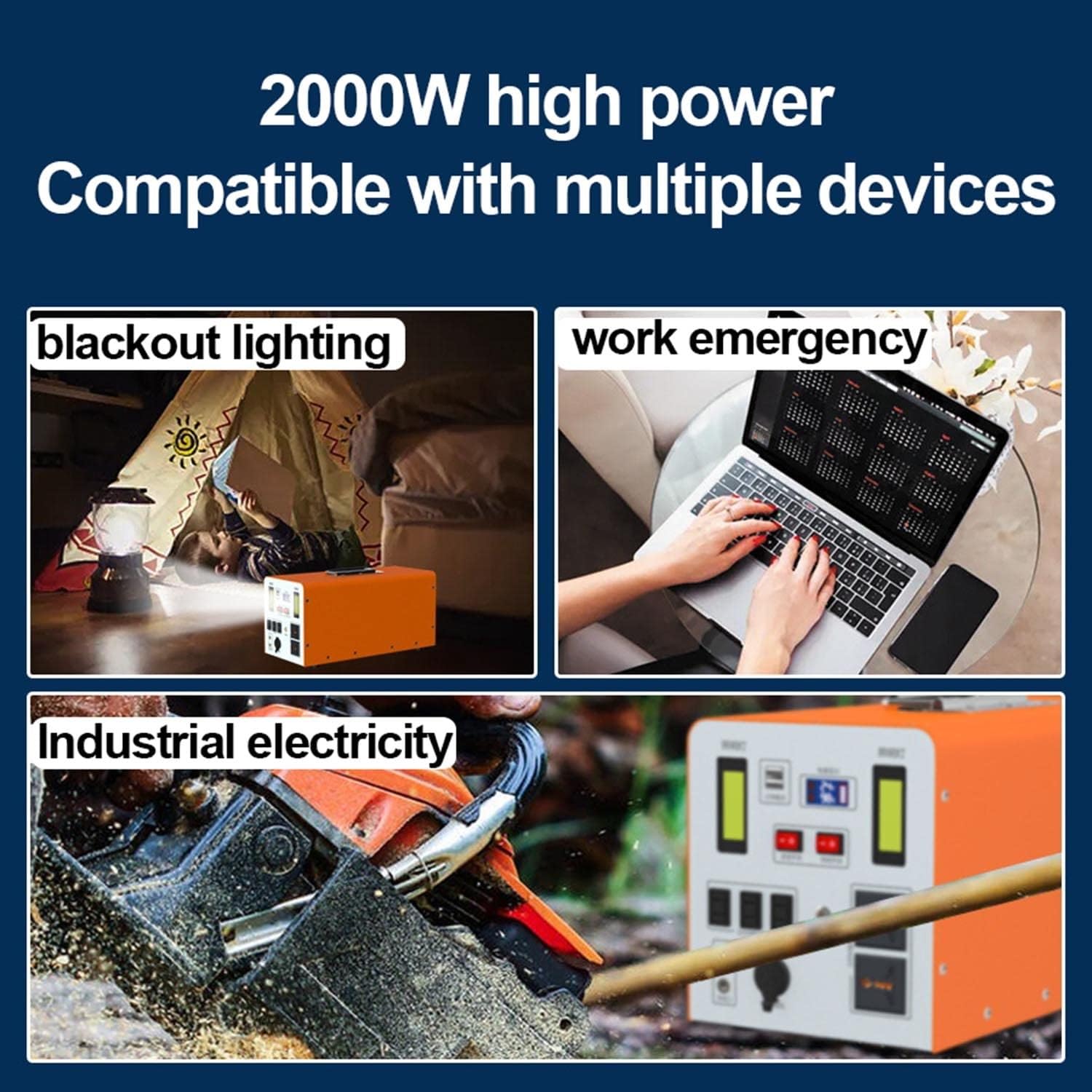 Générateur solaire 2000 W (crête 4000 W), centrale électrique portable avec prise secteur, USB-C, CC, port voiture, batterie d'alimentation de secours pour camping-car, camping-car d'urgence (220 V)