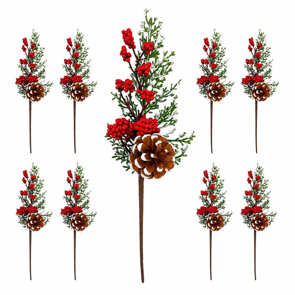 Juego de 9 púas con punta de nieve con piña y verde con racimos de bayas rojas y accesorios para manualidades