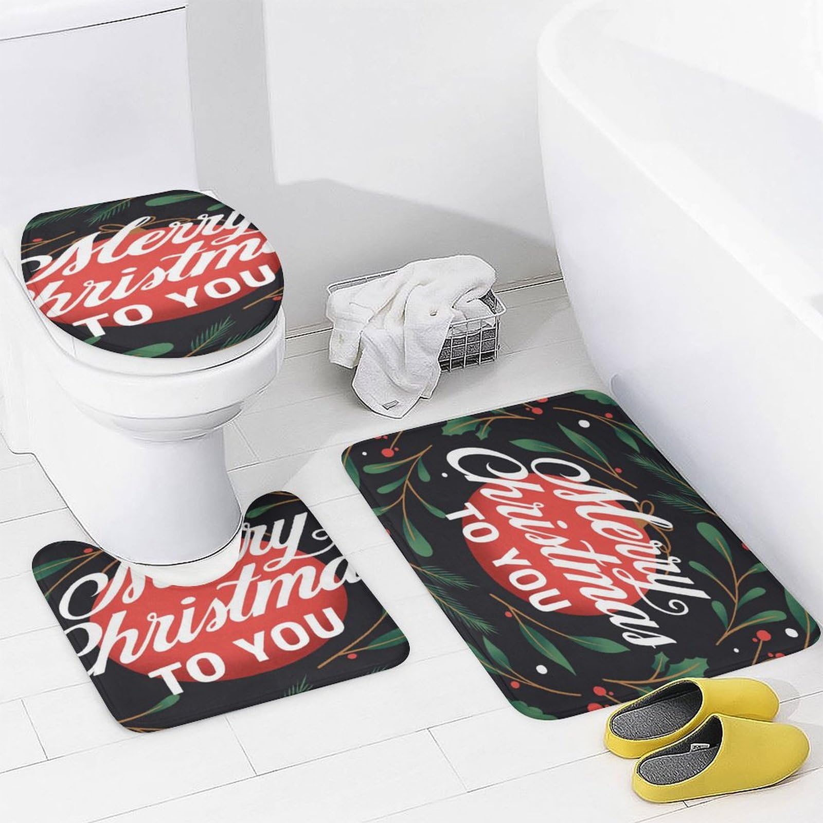 Feliz Navidad Baño de Cuatro Piezas Tappeto De Baño Absorbente Y Antideslizante, Ideal para Usar En Ducha Y Mantener El Suelo Seco 183×183cm