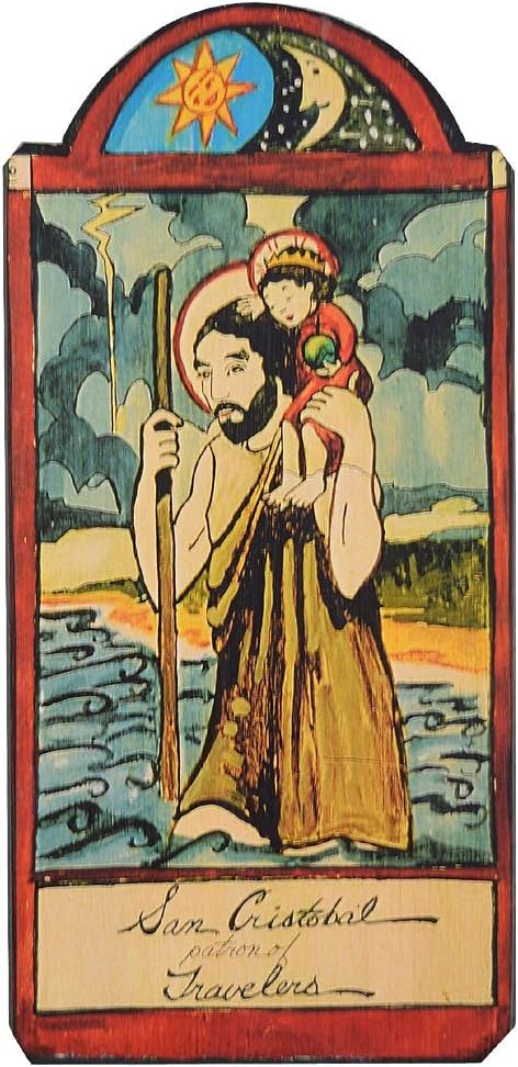 Modern Artisans San Cristobal (St Christopher) Patron Saint of Travelers Handmade Retablo Plaque, 3.5 x 7.25 Inches