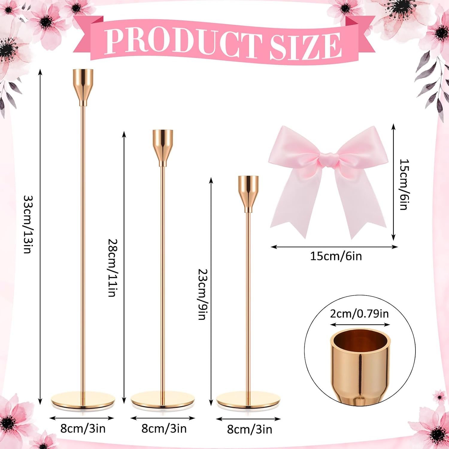 Mumufy 3 Pcs Gold Taper Candle Holders with Pink Bow Metal Candlestick