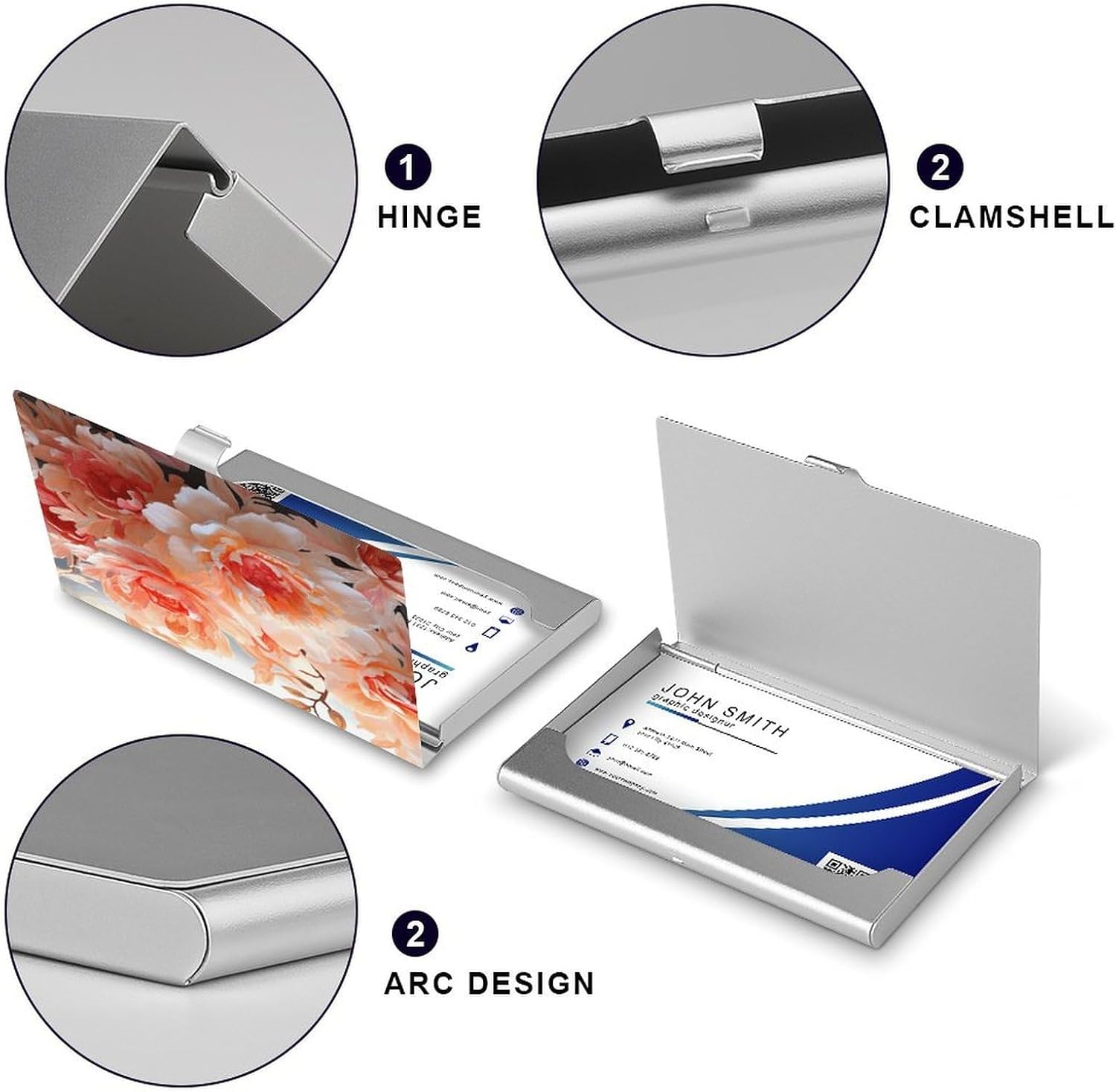 Peach Peony Business Card Holder Aluminum Alloy Cards Case Flip Cover Slim Name Card for Men Buckle Style Shut Professional Cards Case for Office Workers