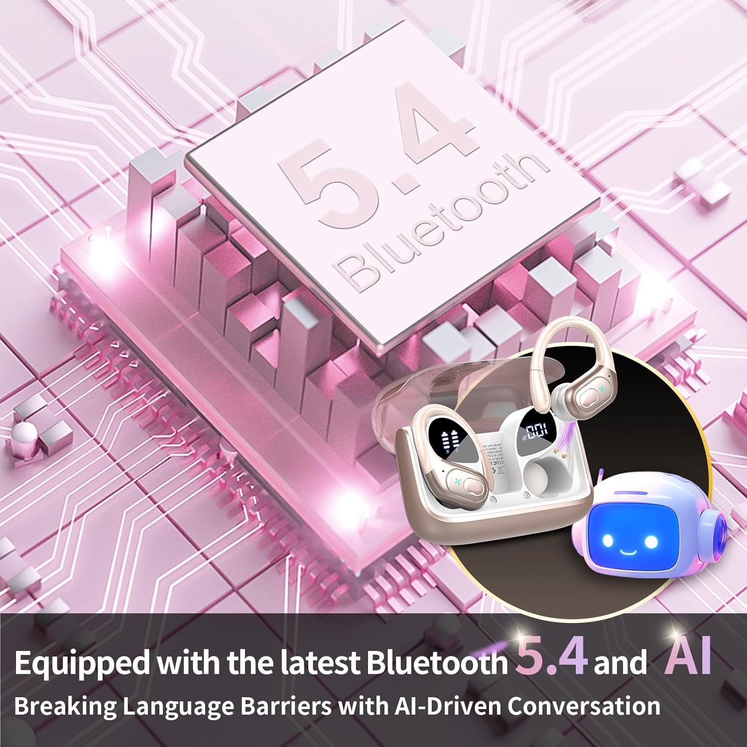AI Translation Earbuds Real Time, 164 Language Translator Earbud 3-in-1 Bluetooth 5.4 Translator Earbuds with 6 Translation Modes, 75H Translators Headphones with APP for Travel Business, Pink