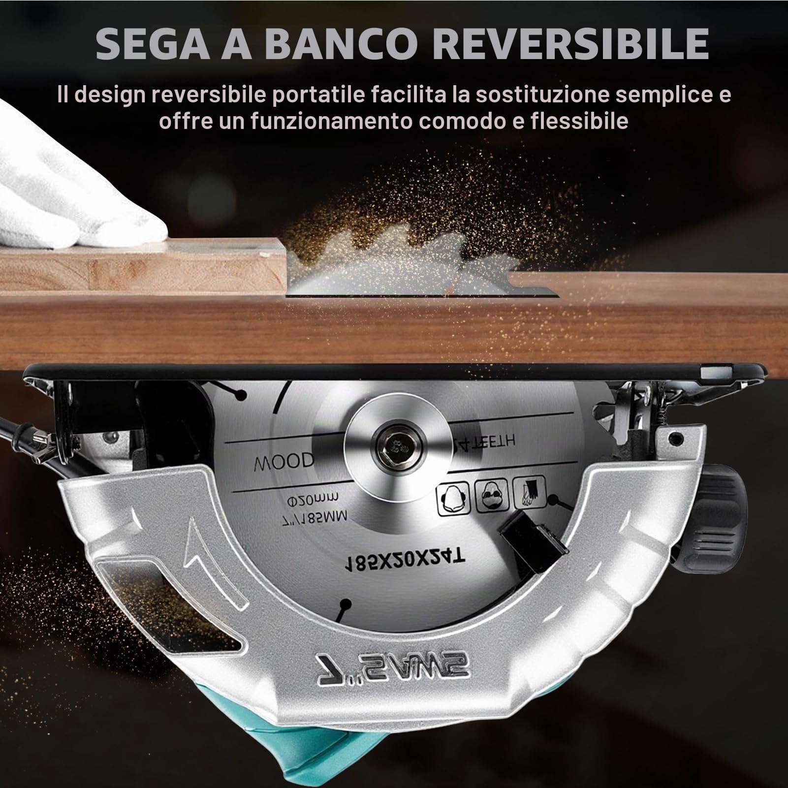 Sega circolare per legno Sierra Circular 1200W, Mini Sega Circolare 5200RPM, profondità di taglio: 60 mm (90°) - 45 mm (45°), velocità variabile per legno, metallo dolce, plastic