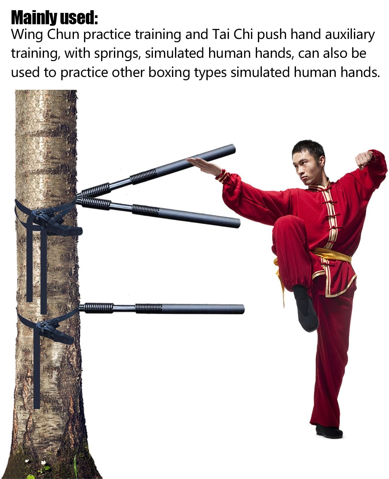 DYK&NX Mannequin de Bois Wing Chun, Bras à Ressort Wing Chun Entraînement De Kung-Fu, Groupé en Plein air au Tai Chi Stick, Ensemble de 3 Pièces, pour Arbre Ou Objet Dur (Color : 1 Spring Hand)