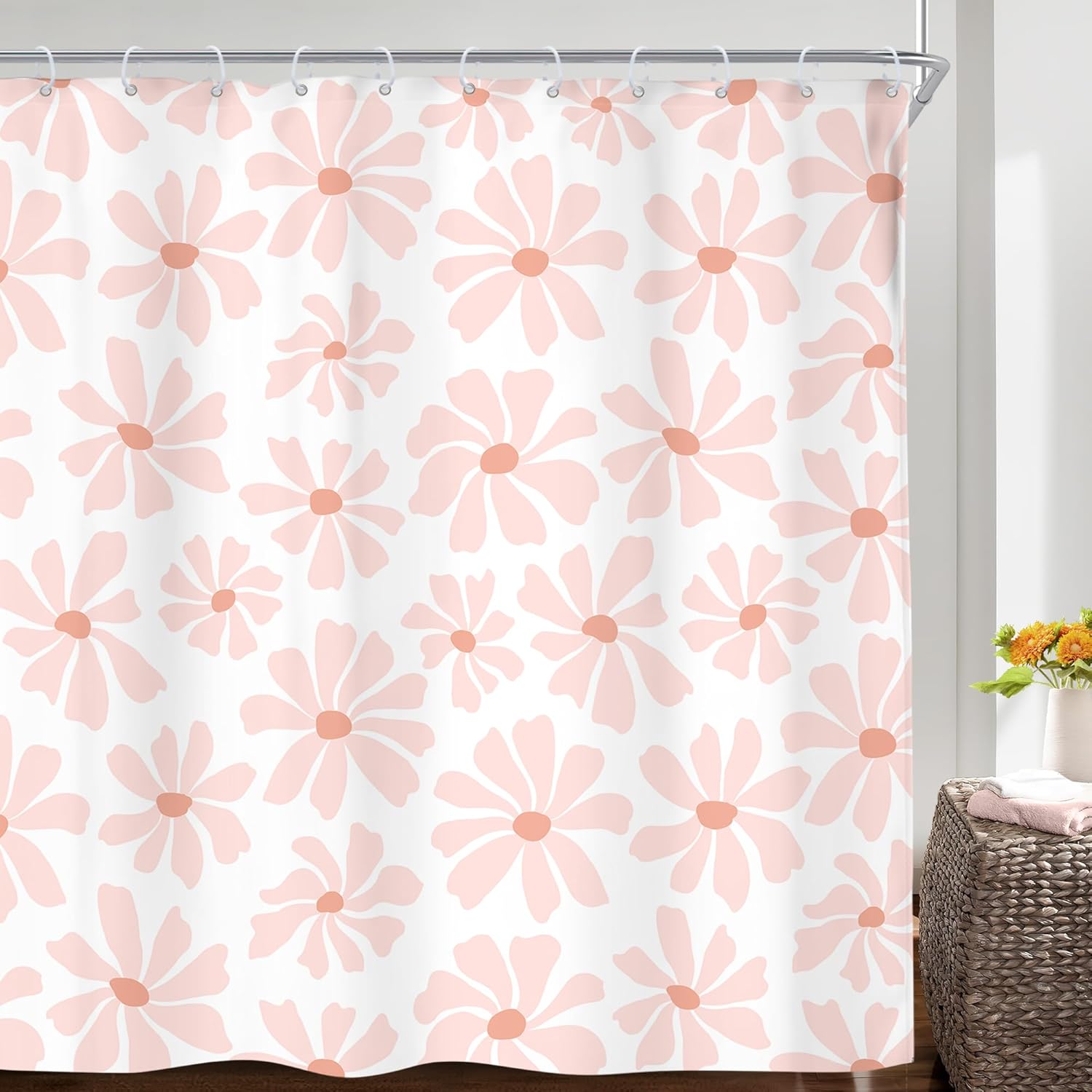 Riyidecor Extra Long Blush Pink Daisy Shower Curtain Floral Cute Girly Boho Spring Summer Flower Pretty Pastel 72Wx84H Inch Aesthetic Women Fabric Decor Bathroom Polyester Waterproof 12 Pack Hooks