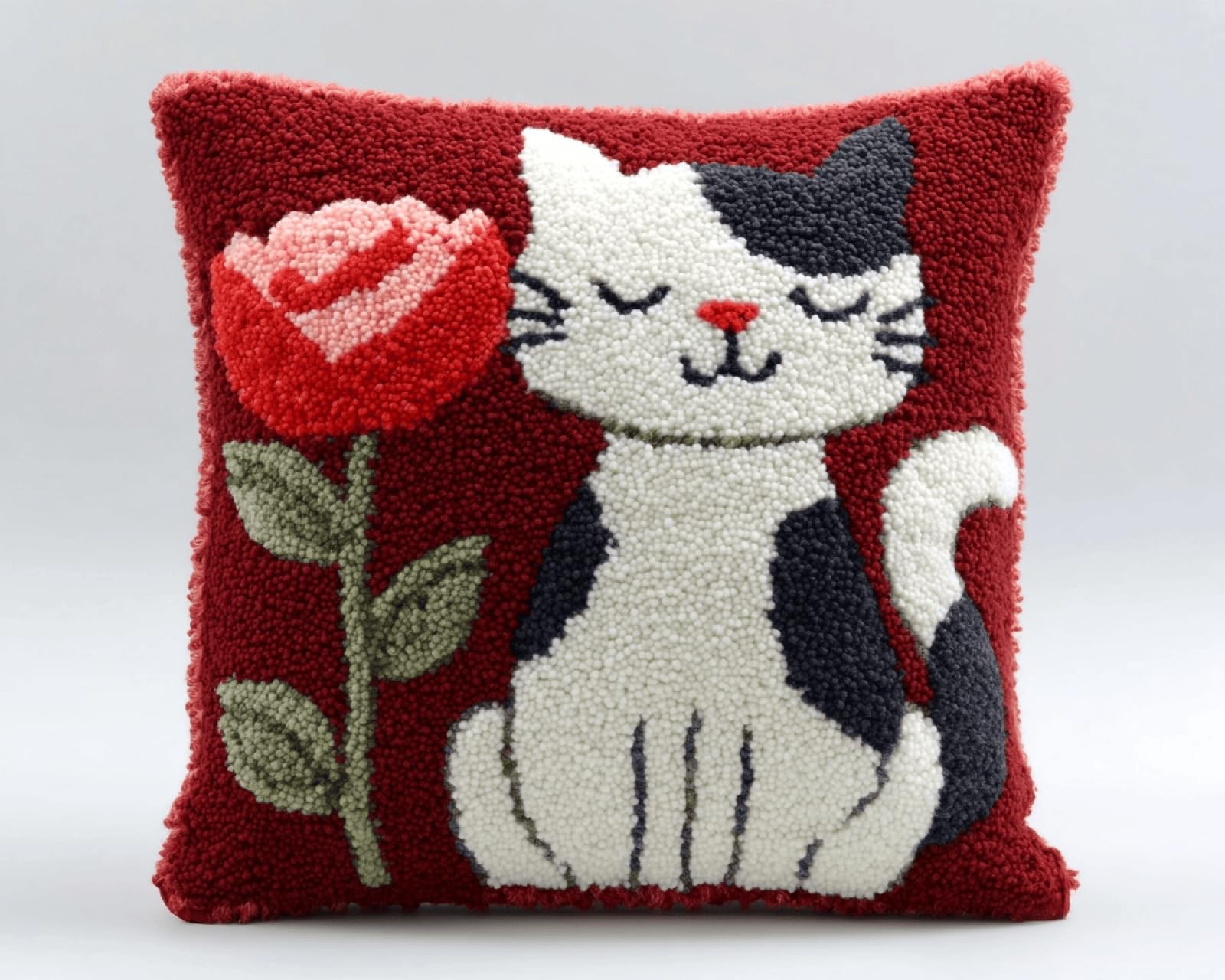 Premium Latch Hook Cushion Kit,DIY Pillow Cover Kit,43x43 cm,Cat Rose