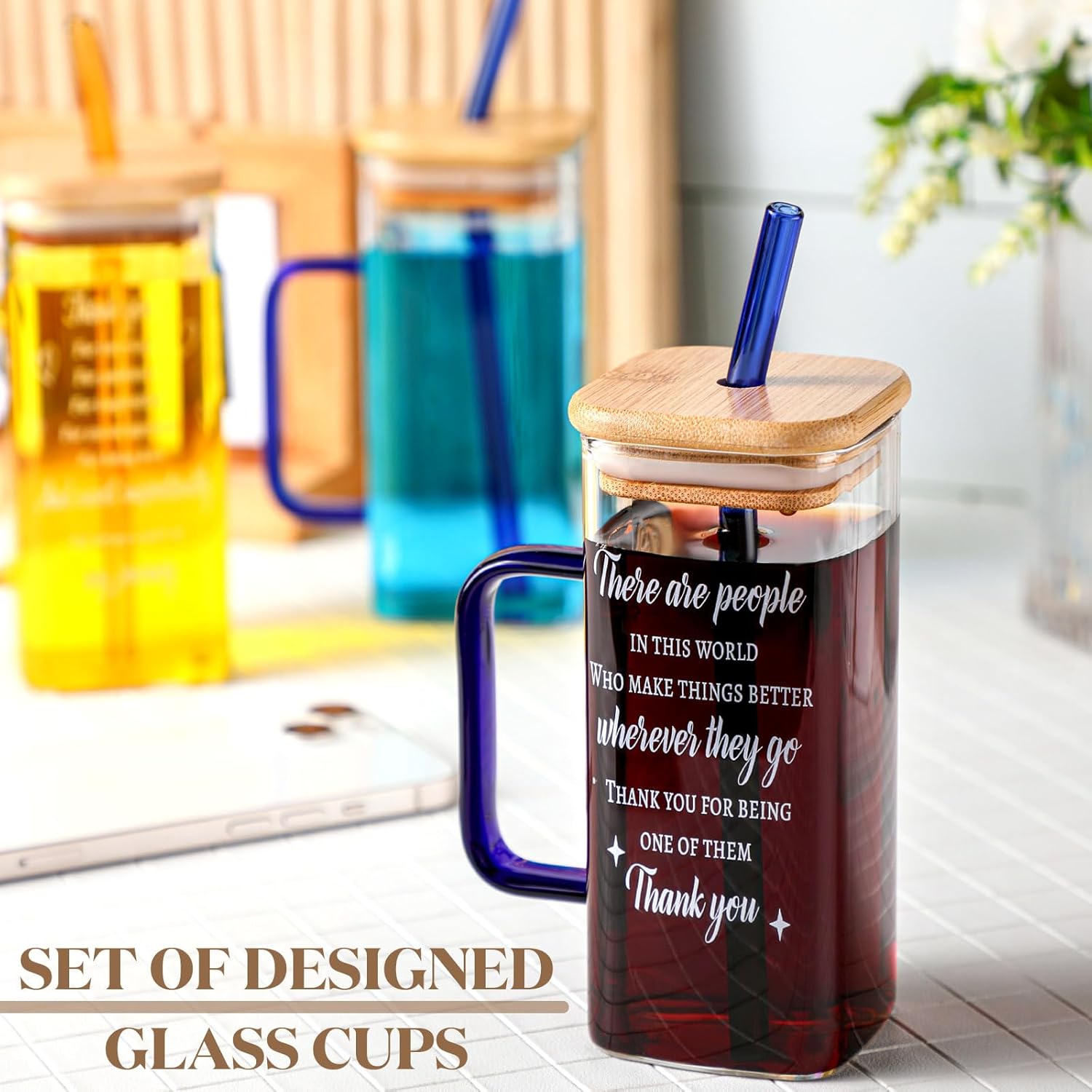 Uiifan 12 Pcs Employee Appreciation Gifts Easter Gift for Coworkers Thank You Glass Cups with Lids Straws 13.5 oz Iced Coffee Cups with Handle for Volunteer Employee Teacher Nurse (Thank you)