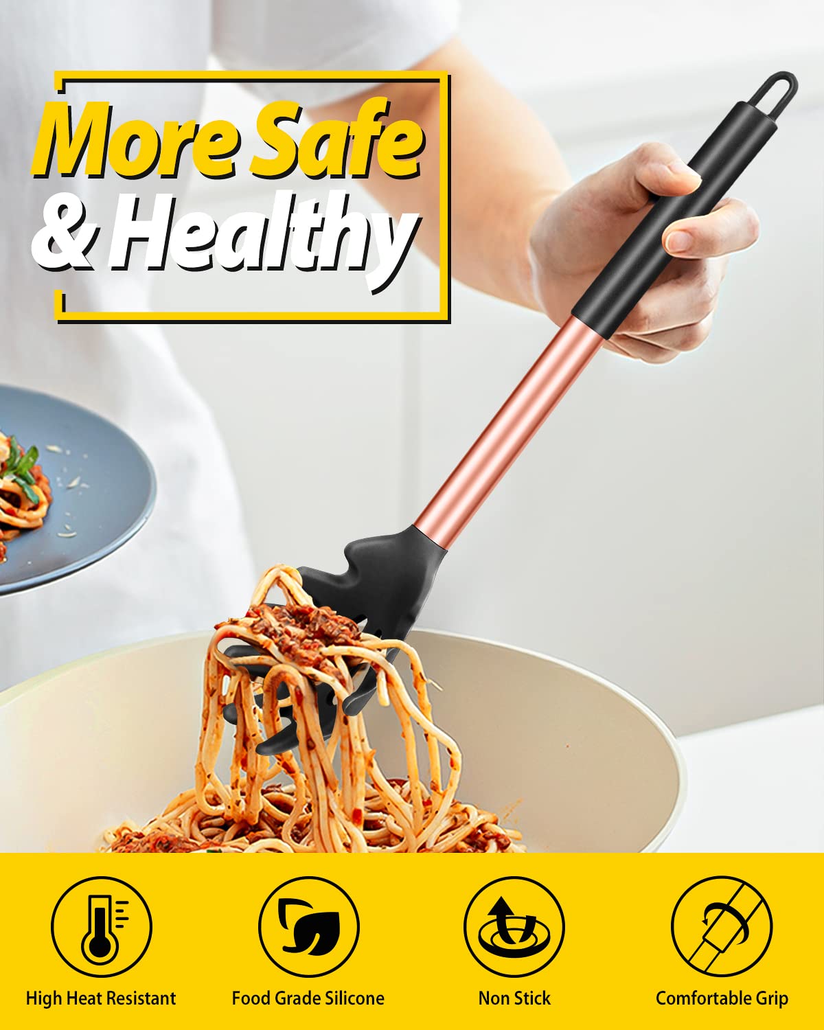 Confezione da 2 forchette per pasta in silicone, resistenti al calore, senza BPA, ottimi strumenti di cottura (FB-109-RG-BK)