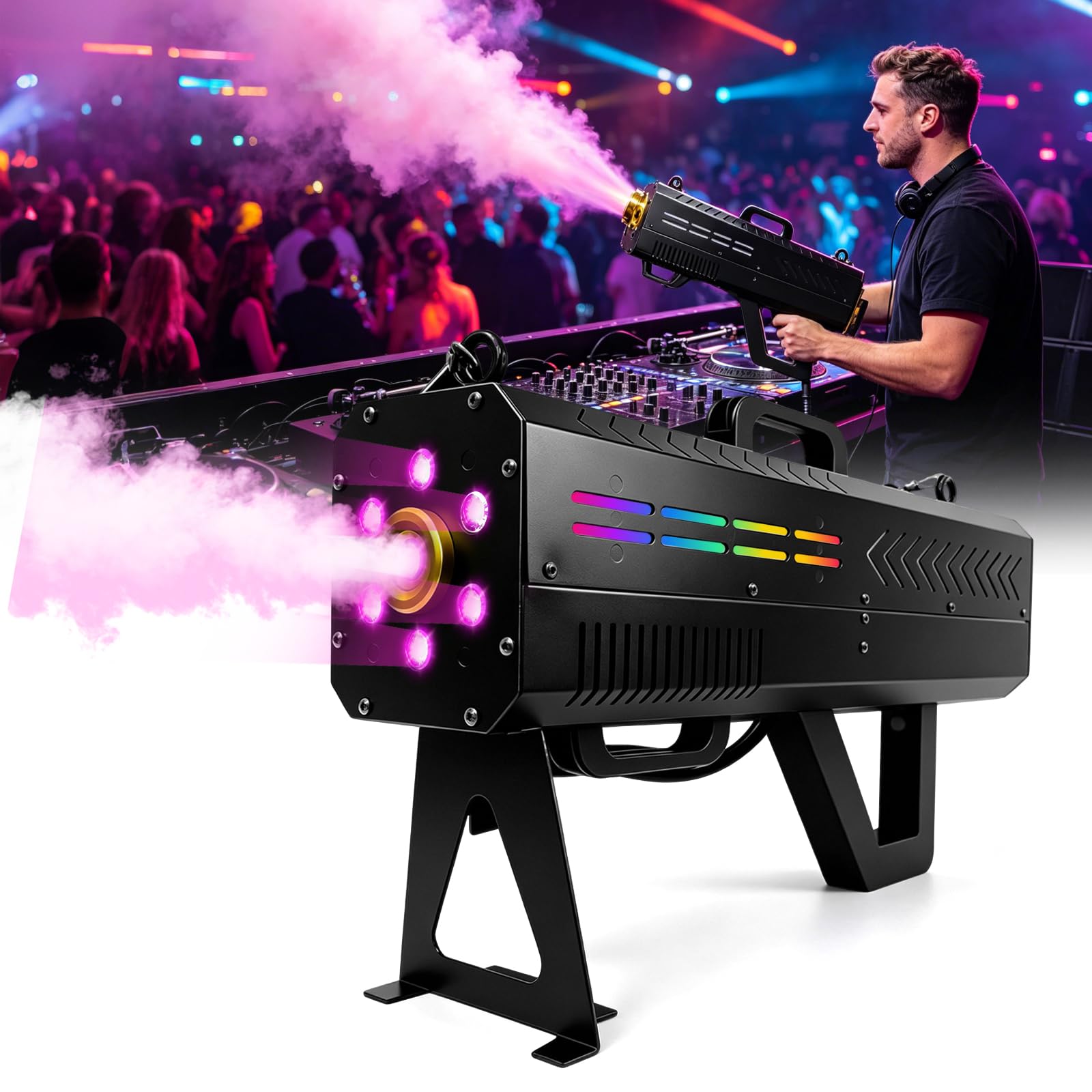 Macchina del Fumo 1500W con 6 LED, Cannone Nebbia Portatile con Supporto e Tracolla, Design a Doppio Utilizzo, Funzione Timer, Smoke Machine per Halloween, DJ, Palco, Matrimoni e Feste