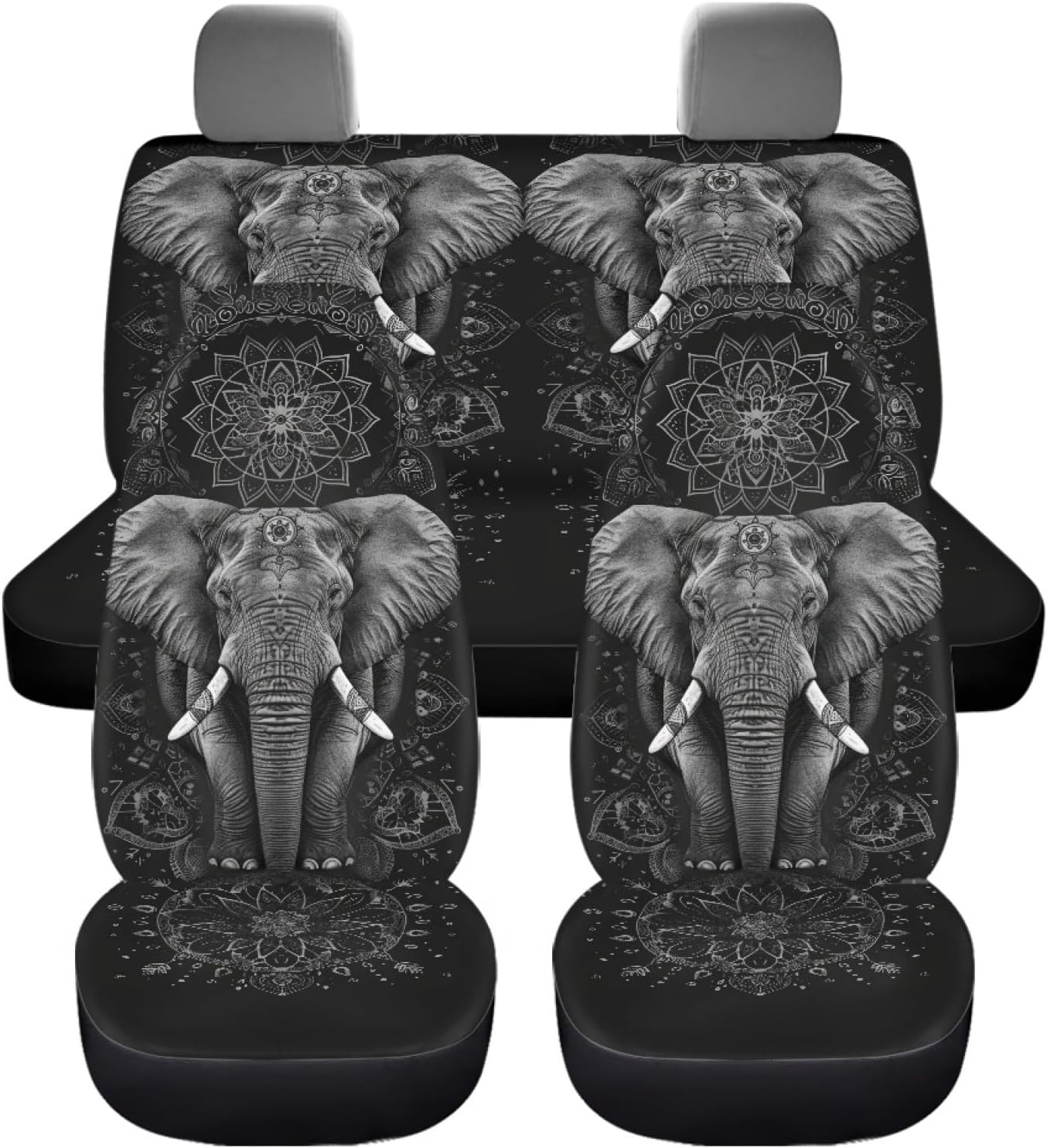 Boho Elephant Print 4 Pcs Car Seat Covers Full Set, Soft Stretchy Front and Split Bench Seat Protectors, Car Accessories Universal Fit for Auto Van Truck Sedan