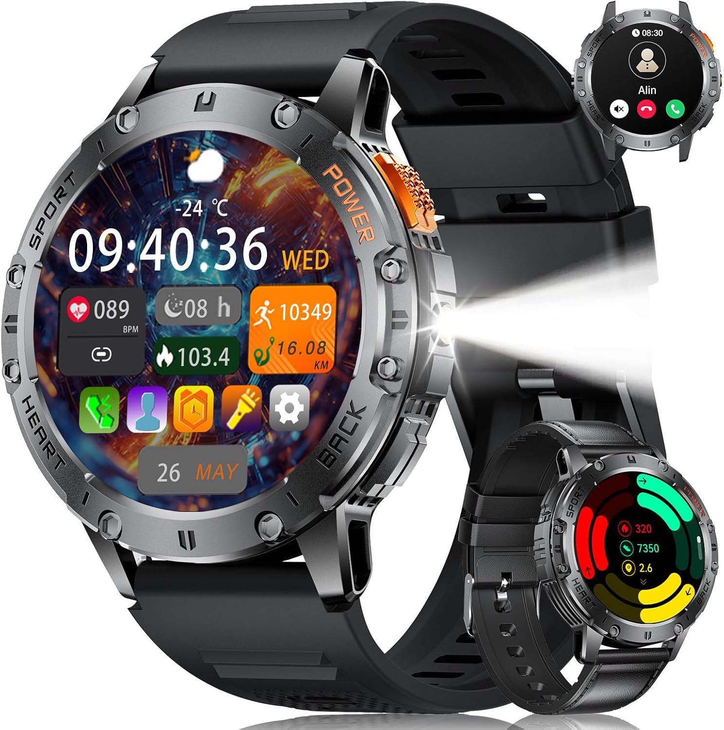 Military Smart Watches for Men for Android/iPhone-1.43'' Amoled Display Fitness Watch with Heart Rate/SpO2/Sleep Monitor/100+ Sport Modes/Flashlight,5ATM Waterproof Sport Watch,Pedometer,Silicone