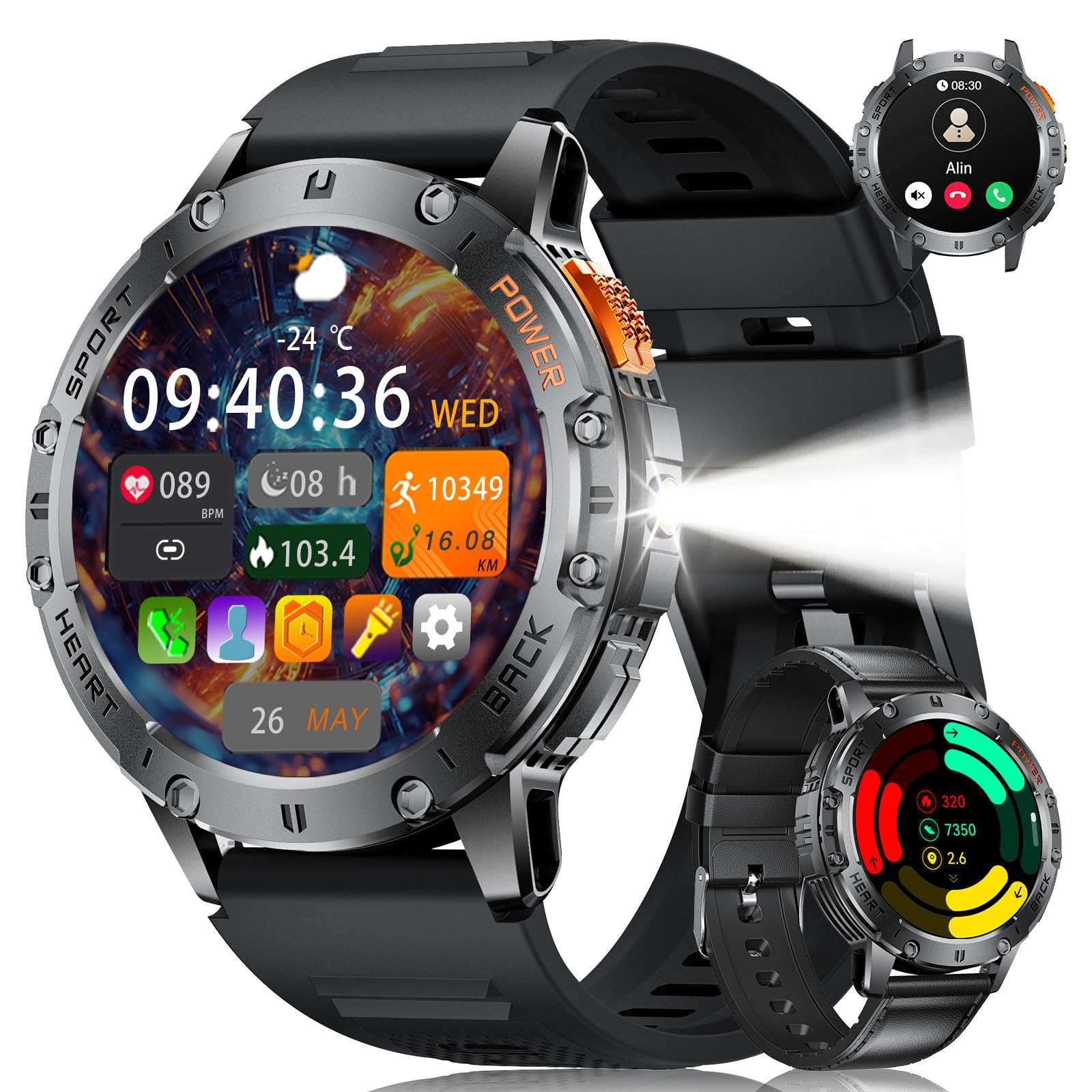 Military Smart Watches for Men for Android/iPhone-1.43'' Amoled Display Fitness Watch with Heart Rate/SpO2/Sleep Monitor/100+ Sport Modes/Flashlight,