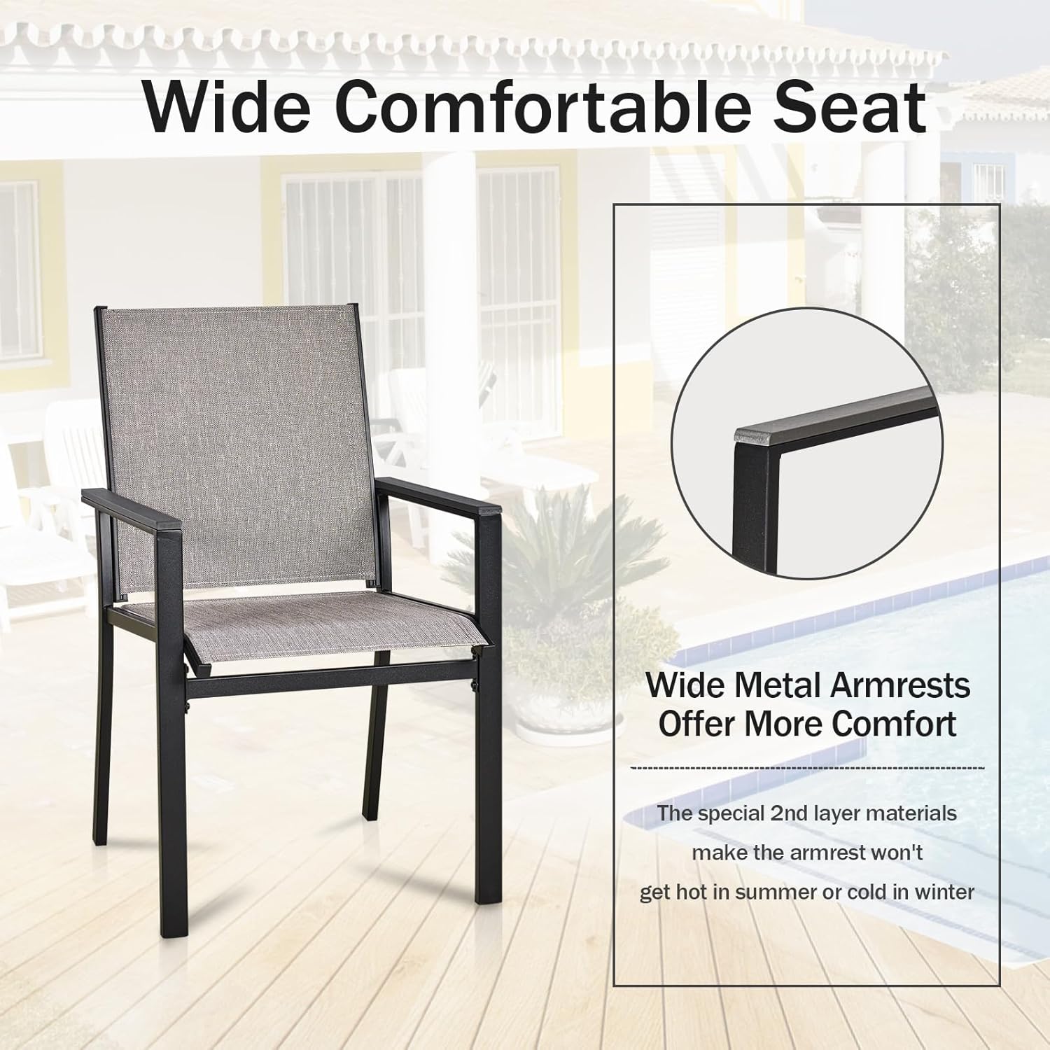 bigget Outdoor Patio Dining Chairs Set of 2, Heavy Duty 350LBS Capacity Outdoor Sling Chairs with Armrests, All-Weather Black Metal & Breathable Textilene Fabric Outdoor Bistro Chairs