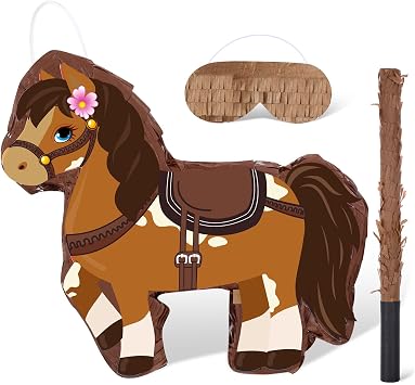 Horse Pinata Brown Horse Birthday Party Decorations Cowgirl Pinata with Bat Stick Blindfold Mask Western Party Game Supplies for Cowgirl Birthday Baby Shower Decoration, 15 x 13.4 x 3.2 Inch