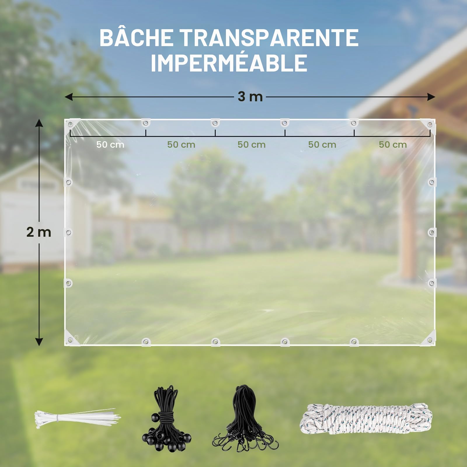 Bâche Transparente avec œillets, en PVC, 420 g/m², avec 20 Serre-câbles, 10 m de Corde de Fixation, 12 Bandes élastiques avec Boules, 8 Crochets élastiques (2 m x 3 m, Crochets)