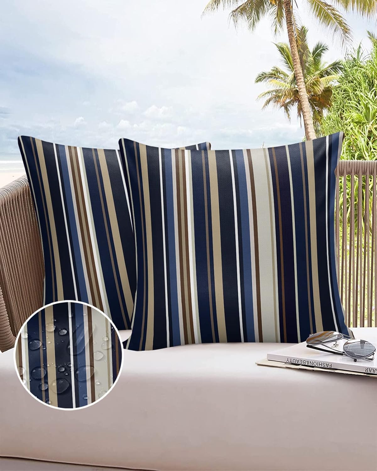 Outdoor Waterproof Pillow Covers for Patio Simple Stripe Decorative Throw Pillow Cover Blue And Brown Geometric Pattern Pillowcases Set of 2 Cushion Case for Sofa Couch Chair Home Decor 26x26 inch