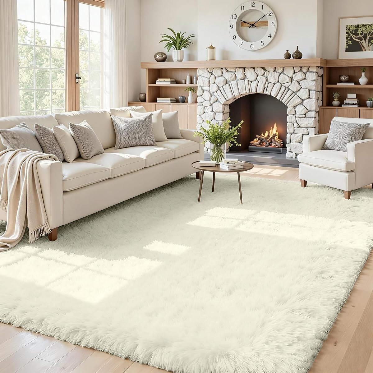 Alfombras mullidas de 5 x 7 para sala de estar y dormitorio: alfombra suave color blanco crema | Espuma viscoelástica gruesa antideslizante mejorada, alfombra peluda ultrasuave que no se desprende, decoración fácil de limpiar para habitación de niños, guardería, sala de juegos