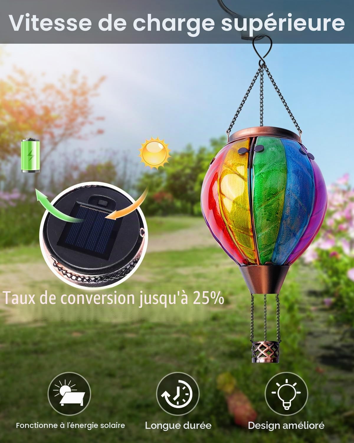 Klarlight Ballon à Air Chaud Lanterne Solaire, Arc-en-Ciel Verre Tache LED Lumières, Imperméable Suspendue Lanterne Solaire avec Lampe de Flamme Clignotant pour Arbre de Cour, en Métal et en Verre