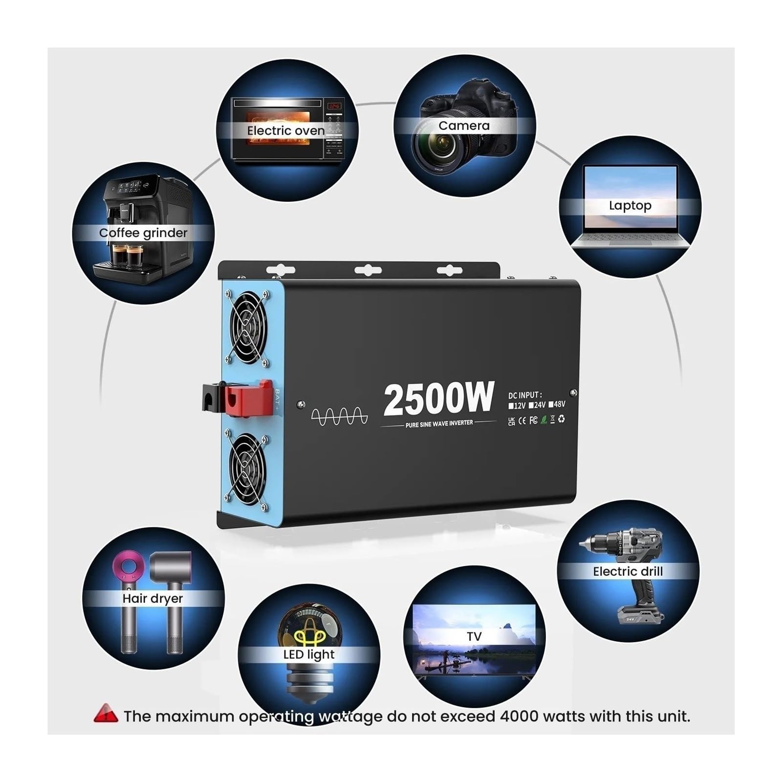 Inversor Inversor Onda Sinusoidal Pura 2500 W Potencia Máxima Continua 5000 W CC 12 V A CA 230 V 50 Hz Enchufe Europeo LCD Portátil Accesorios para Coche.