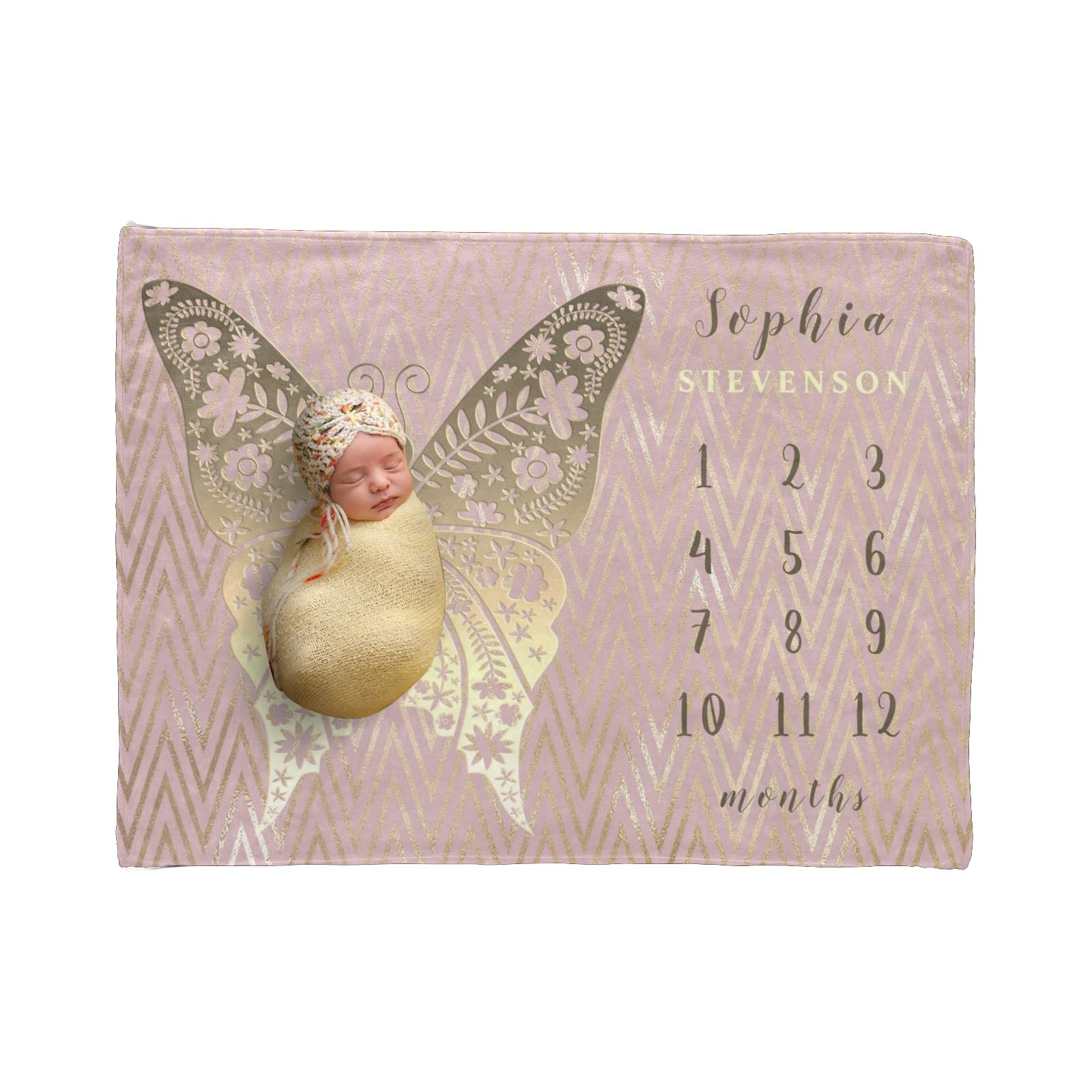 customjoy Personalized Baby Milestone Blanket with Name,Customized Rose Gold Butterfly Monthly Fleece Blankets for Girls and Boys,Newborn,Shower Gift
