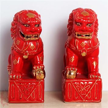 Chinese Foo Dogs Statues Pair,Beijing Lions Statue Feng Shui Fu Dogs Ceramic Ornaments Housewarming Congratulatory Gift Ward Off Evil Energy