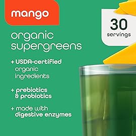 Zena Nutrition Organic Super Greens Powder, 70+ Superfoods, 0 Sugar, 3G Fiber, Spirulina, Chlorella, Mushrooms, Prebiotics/Probiotics, Digestive Enzymes for Gut Health, Mango, 30 Servings
