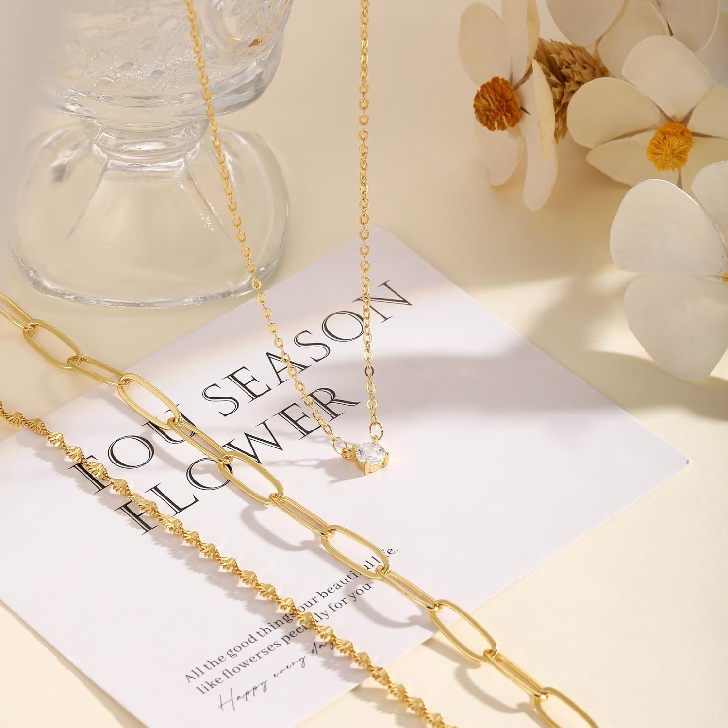 Layered Gold Necklace for Women Trendy 14K Gold Plated Heart CZ Pendant Layered Gold Necklaces Set Coin Choker Necklaces Simple Circle Cubic Zirconia Pearl Necklace Stack Herringbone Paperclip Chain Jewelry Set - Image 5