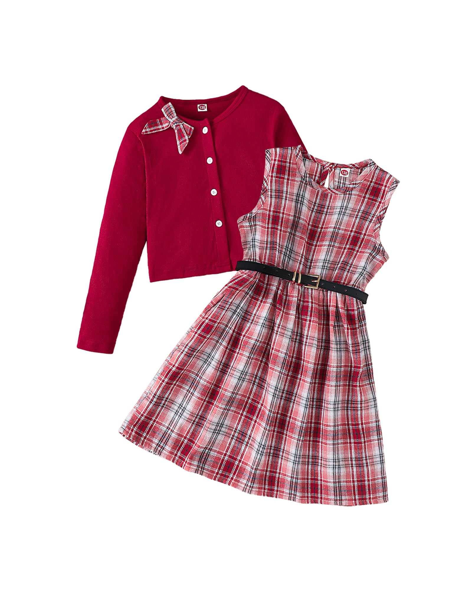 Girls Plaid Dress with Cardigan 3-Piece Outfit Set with Belt Size 7-14