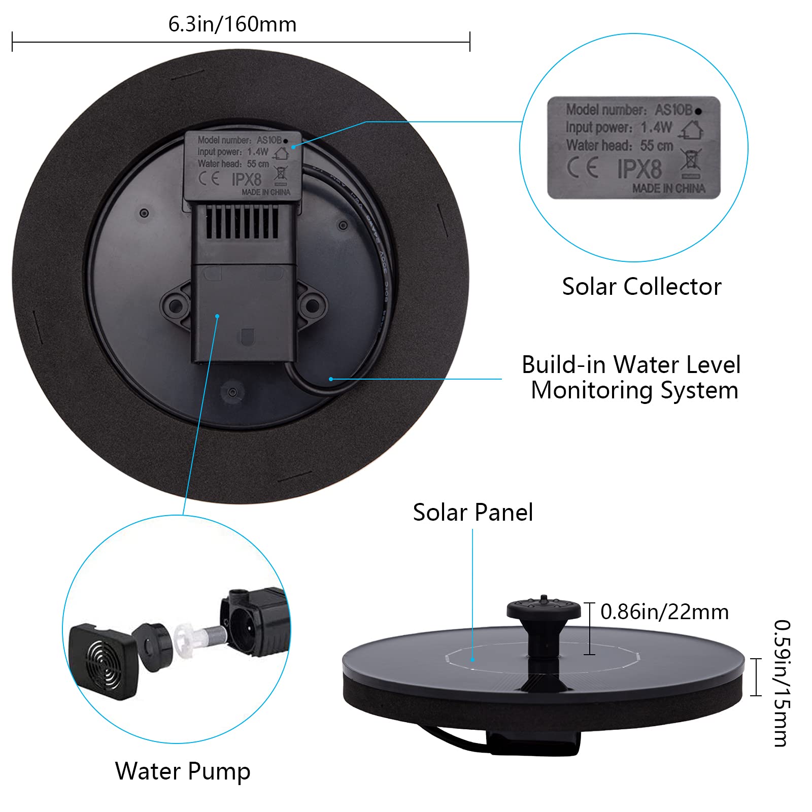 Solar Fountain for Bird Bath, Solar Powered Fountain Pump 1.5W Free Standing Floating Birdbath Water Pumps for Garden, Patio, Pond and Pool — view 7