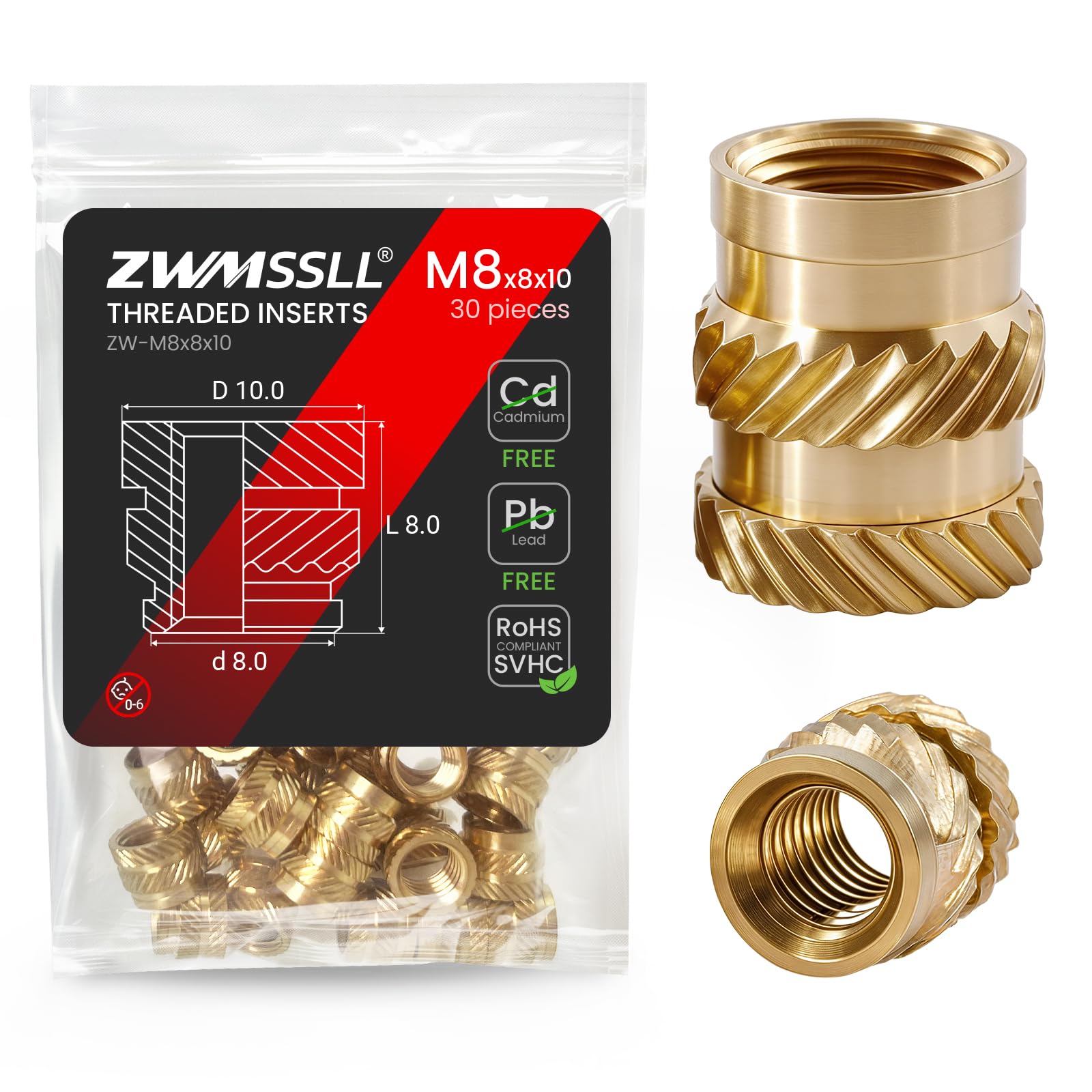 ZWMSSLL M8 Heat-Set Threaded Inserts, M8x8x10mm(30Pieces) Heat Set Insert for 3D Printing Components and Plastic Parts,Brass Metric Knurled Nuts