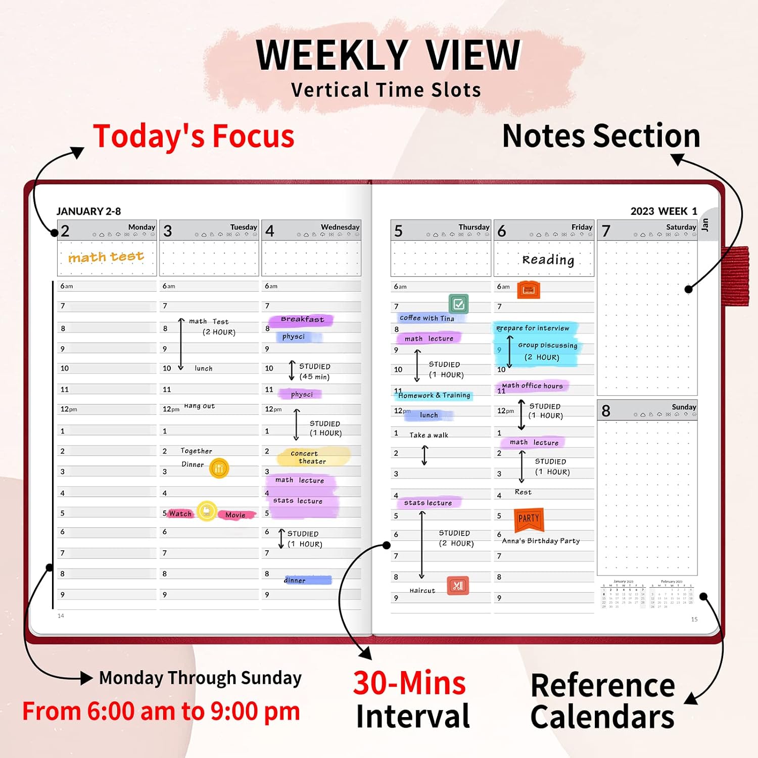 SUNEE 2023 Hourly Appointment Book & Hourly Schedule Planner, Jan - Dec 2023 Weekly Planner 6.5 x 8.5, Half Hour (30 Mins) Interval, Stickers, Inner Pocket, Bonus 40 Note Pages, Medium Size, Burgundy