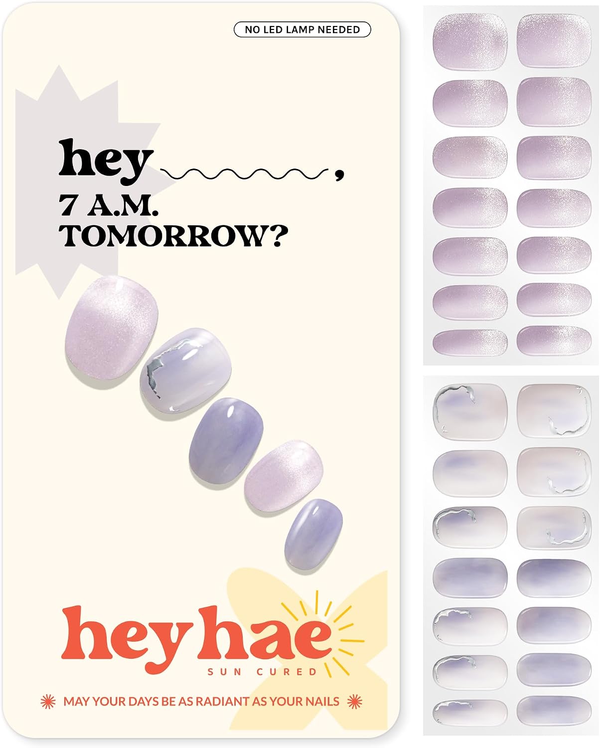 Heyhae Semi Cured Gel Nail Strips | No LED Lamp Needed | Glitter, Purple, Spring | Easy Apply & Remove, Salon Quality |Includes 28 Strips, 1 Prep Pads, Nail File & Wooden stick - Hey, 7 A.M. Tomorrow?