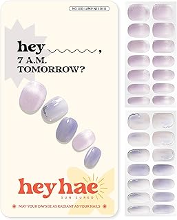 Heyhae Semi Cured Gel Nail Strips | No LED Lamp Needed | Glitter, Purple, Spring | Easy Apply & Remove, Salon Quality |Includes 28 Strips, 1 Prep Pads, Nail File & Wooden stick - Hey, 7 A.M. Tomorrow?