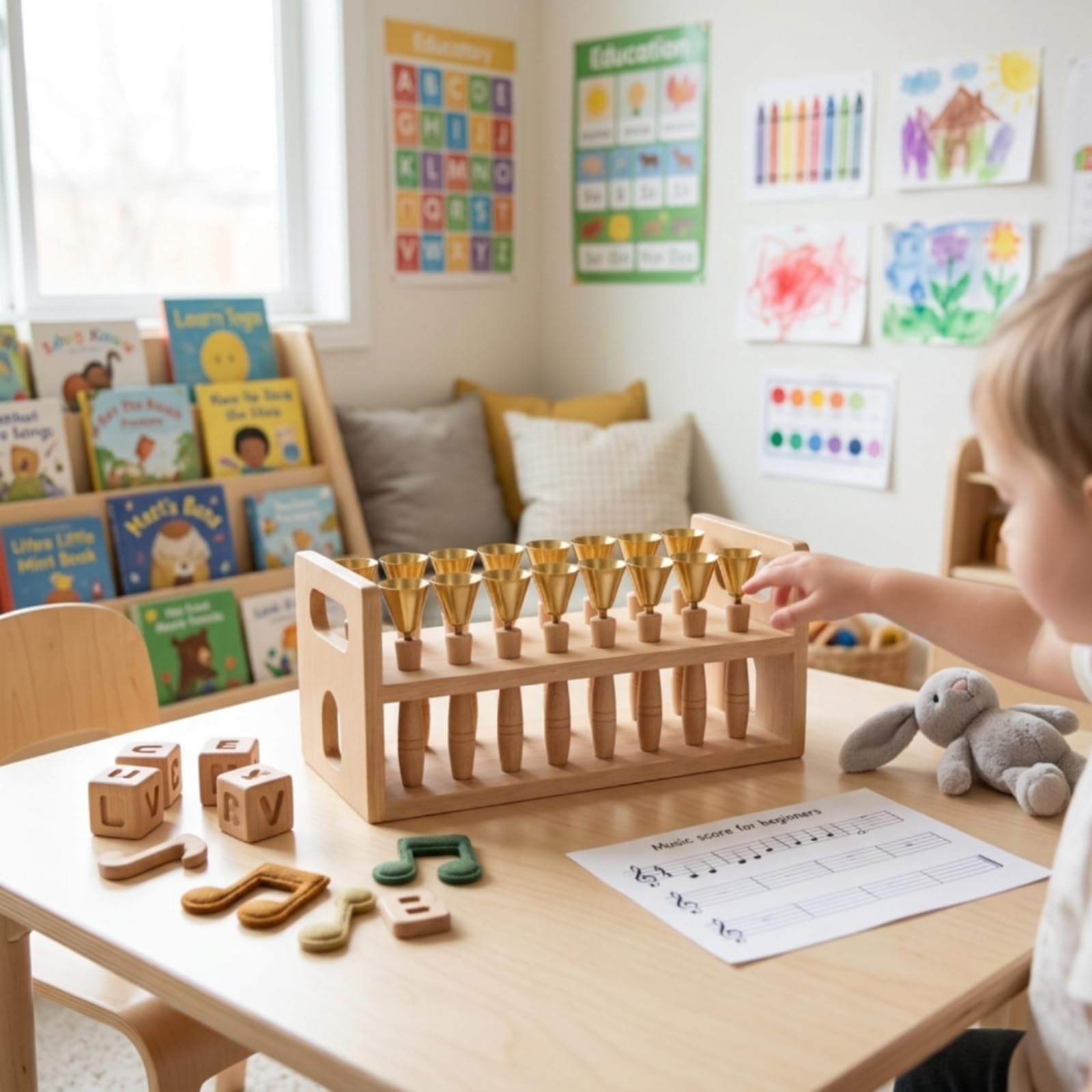 Campana de Percusión Infantil Campana Mano Instrumento Musical Juguete Rítmico con Asa Madera Cómoda y Campana Metal con Estante Estable para Guardar