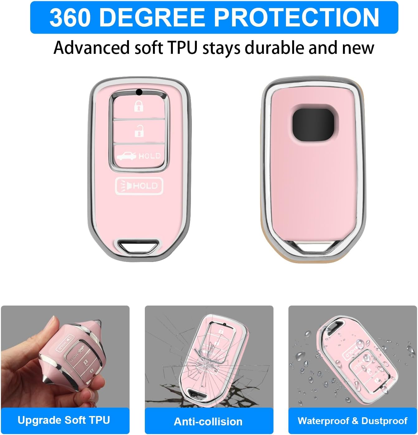 QBUC for Honda Accord Key Fob Cover for Civic, CRV, Pilot, Ridgeline 2016-2022, Soft TPU Full Protection Case with Keychain