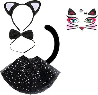Black Cat Costume Set, Cat Ears Headband Tail Tutu for Halloween Costume Accessories, Cosplay Party, Dress Up, Role