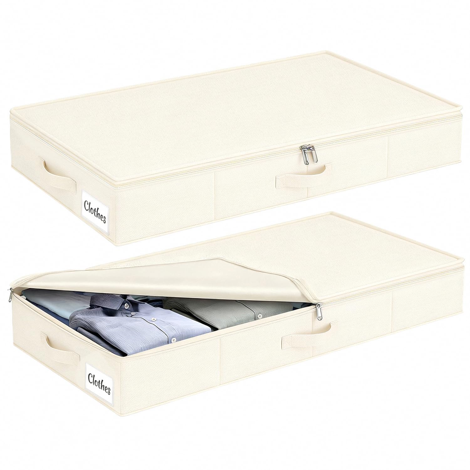 Kukikan Under Bed Storage Box with Lid 2 Pack, 12cm Slim Low Profile Underbed Clothes Organiser for Home, Blanket and Toy Storage Box Under Sofa and Cot, W/Sturdy Bottom/Sides, Foldable Thick Fabric