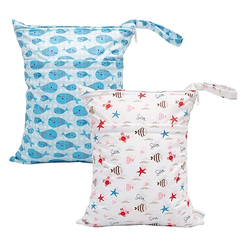 ALVABABY 2 bolsas para pañales de tela húmedos y secos, impermeables, reutilizables, con dos bolsillos con cremallera, para viajes, playa, piscina,