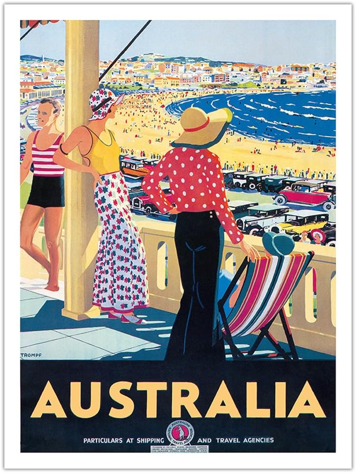 Australia – Bondi Beach New South Wales – Póster de viaje vintage por Percy Trompf c.1929 – Impresión de papel de bambú de 10.23 ozm (sin marco) 24